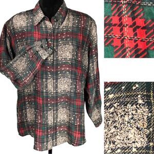 Whistles Silk Plaid Blouse Gray Green Red Oversized Button Front Long Sleeve